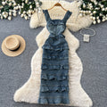 French romantic blue denim ruffle trim cami cake dress - women's summer square neck, slimming & chic