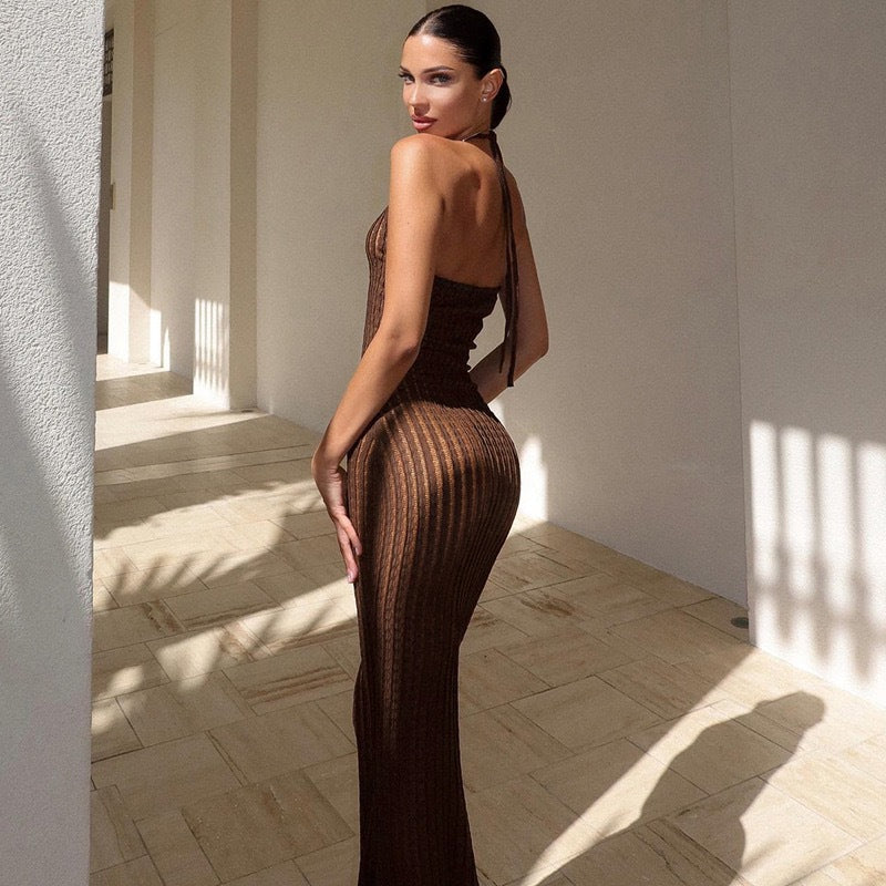 fashionsummernew arrivalknittinghalter sleeveless long dresspure colortightsexybacklessdress women