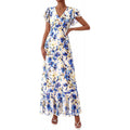 Summer floral maxi dress  spring short sleeve ruffle v-neck flowy bohemian beach vacation sundress