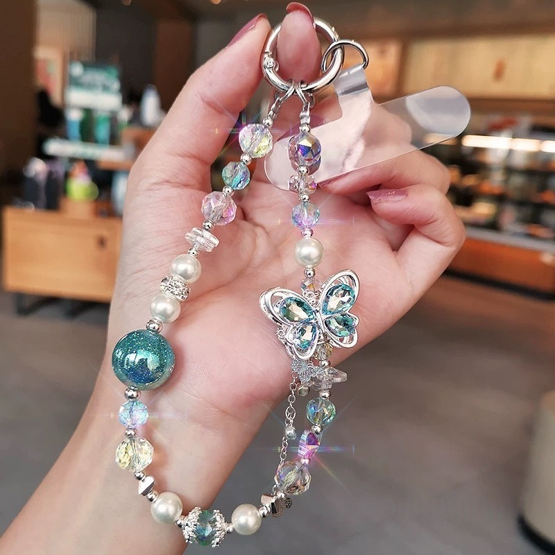 Classy heavy industry diamond-encrusted butterfly pendant colorful round beads ins style crystal beaded bag wrist style mobile phone chain