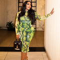 European and american style cross-border printed elegant women's fitted retro bodycon dress with high neck and long sleeves - new green autumn/winter dress