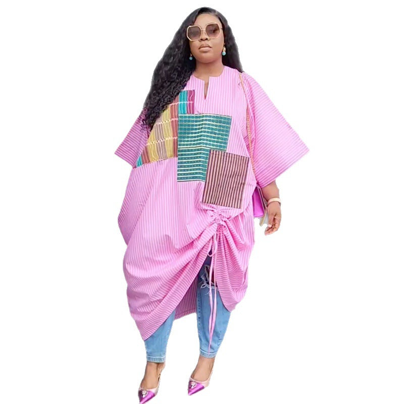 European and american cross-border african women's clothing  spring new arrival: elegant casual loose plus size pink striped dress