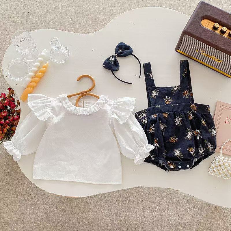 Floral print baby doll shirt & suspender pants set - korean style long sleeve autumn outfit (2-piece)