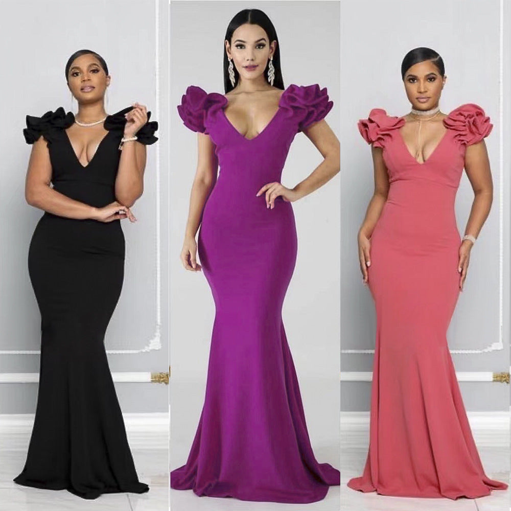 European and american women's clothing    new long dress - figure-flattering, bodycon, african style dress with v-neck and multiple color options