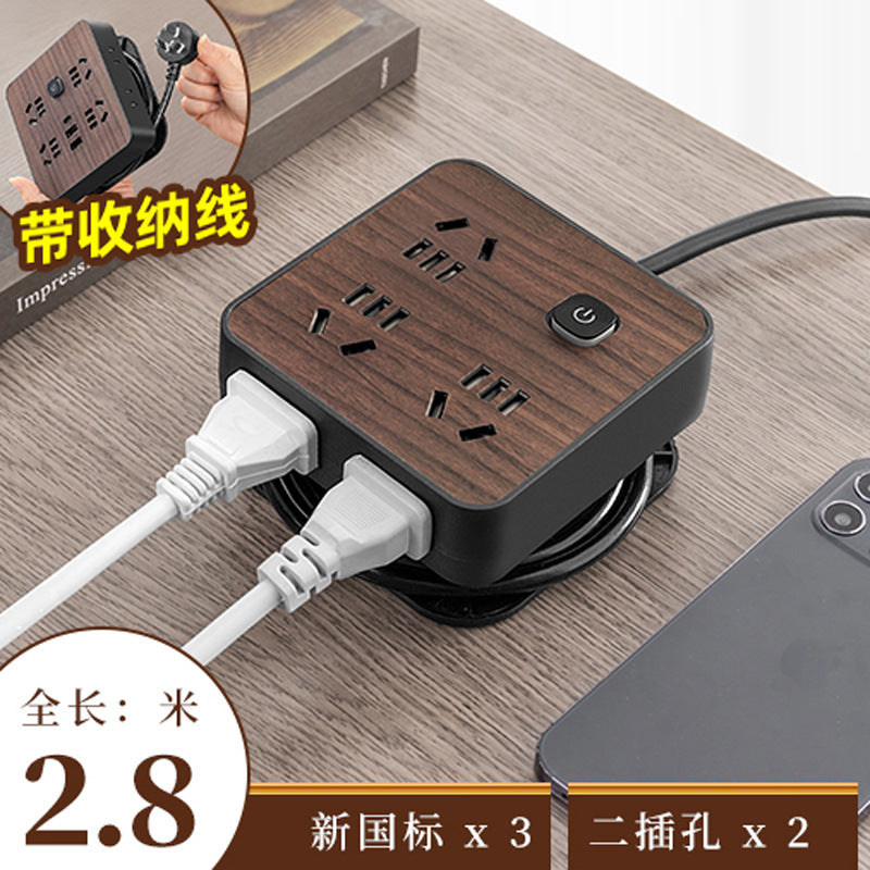 Double shell wood grain socket panel desktop multi-functional for homeusb charging socket with cable plug inspection and drag socket board