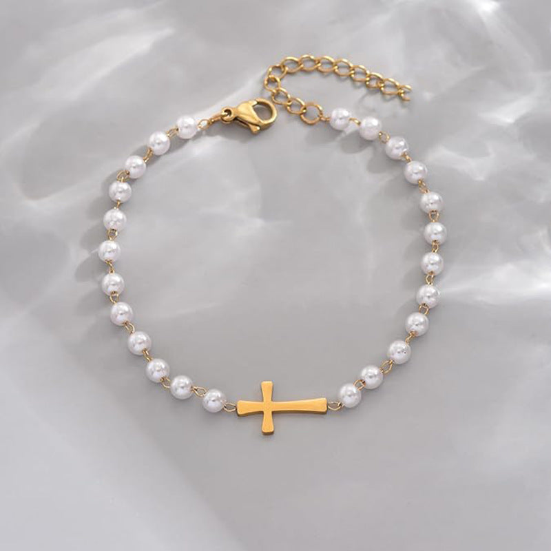 European and american cross-border new arrival: faux pearl beaded cross accent layered bracelet - stainless steel stackable jewelry accessory