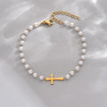 European and american cross-border new arrival: faux pearl beaded cross accent layered bracelet - stainless steel stackable jewelry accessory