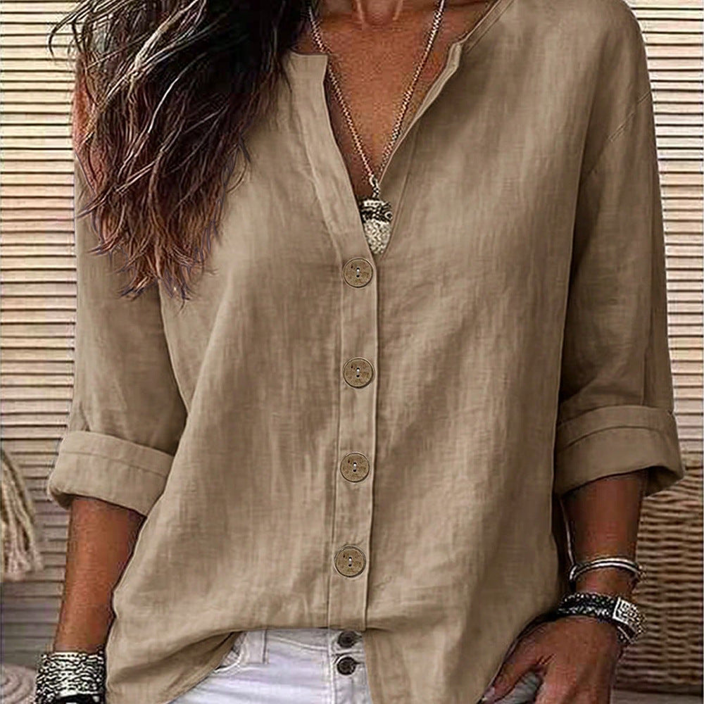 Exclusively for us & european cross-border e-commerce:  autumn beige cotton linen shirt - relaxed fit, v-neck, roll-up sleeves, mid-length top