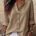 Exclusively for us & european cross-border e-commerce:  autumn beige cotton linen shirt - relaxed fit, v-neck, roll-up sleeves, mid-length top
