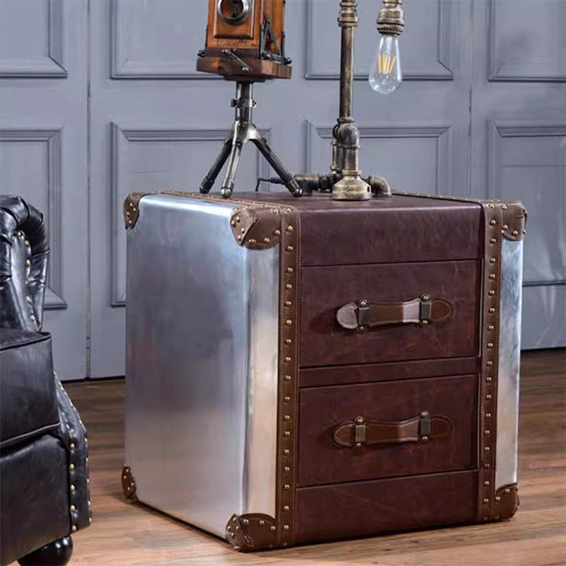 American retro coffee table and side table set - metal aluminum, genuine leather, industrial style for office, cafe, or cigar shop