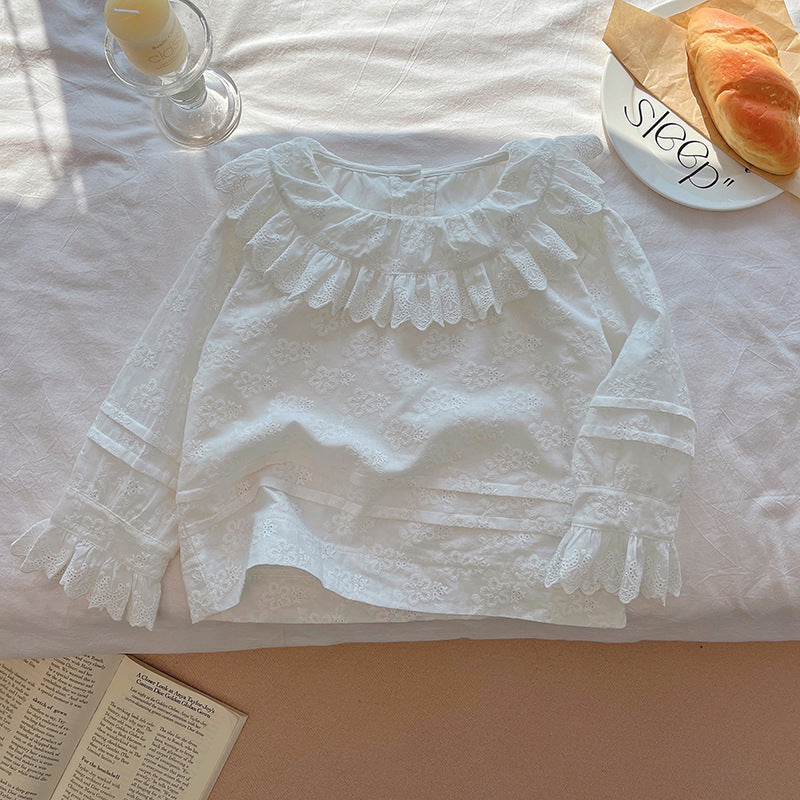 Girls' fall blouse  new long-sleeve heavy lace collar shirt - stylish spring/autumn top for kids