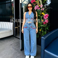 European and american cross-border e-commerce  summer new fashion casual sleeveless printed vest denim pants set wide-leg pants