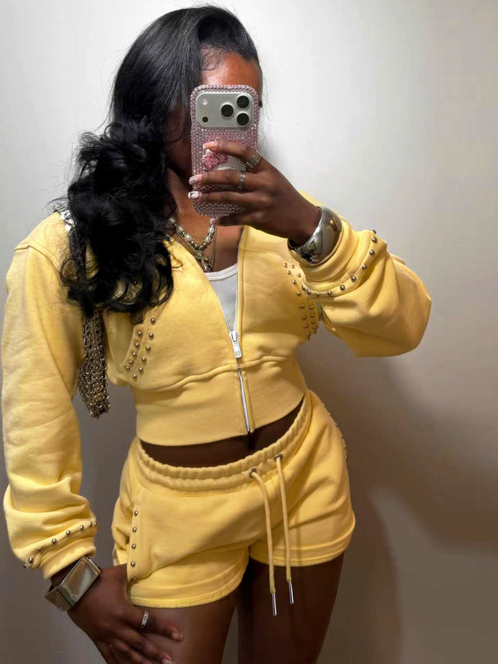 S391631 cross-border women's clothing rivet sportswear suit yellow zipper sweatshirt jacket drawstring shorts two-piece set