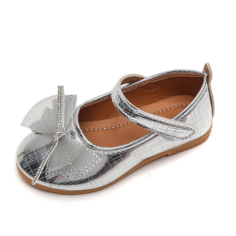 Girls'  spring bowknot soft-soled princess leather shoes for mid-to-large children - wholesale from manufacturer, velcro closure, korean style kids' shoes