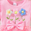 Baby girl cute three flowers stripespatchwork mesh one-piece jumpsuit dress