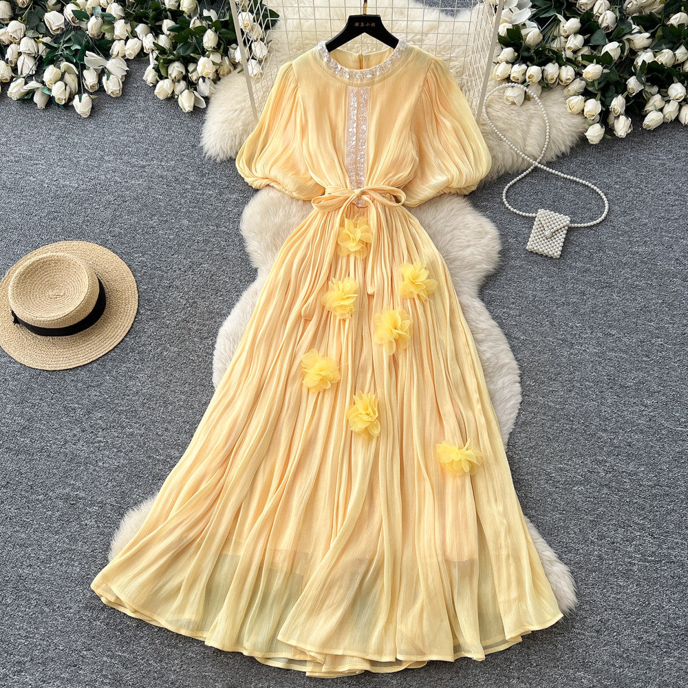 French heavy industry diamond-encrusted red elegantdress women's summerk-style waist slimming lookelegant thousand gold style long skirt