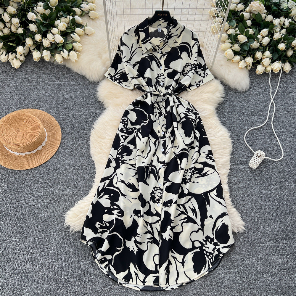 European and american style printed short-sleeve dress - women's autumn polo collar tie-waist design, unique and chic, elegant maxi dress