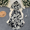 European and american style printed short-sleeve dress - women's autumn polo collar tie-waist design, unique and chic, elegant maxi dress
