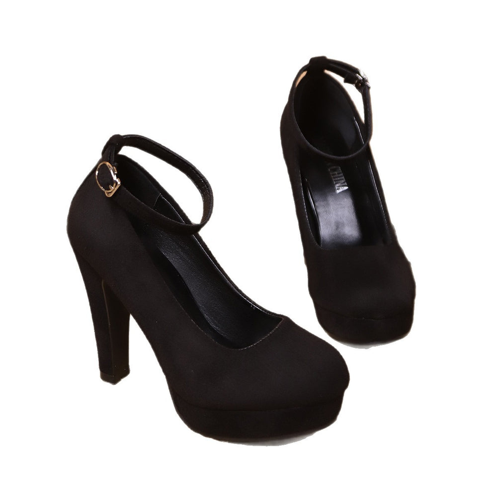 Black suede high heels waterproof platform 11cm buckle plus size high heels flats round toe thick sole mary jane high heels