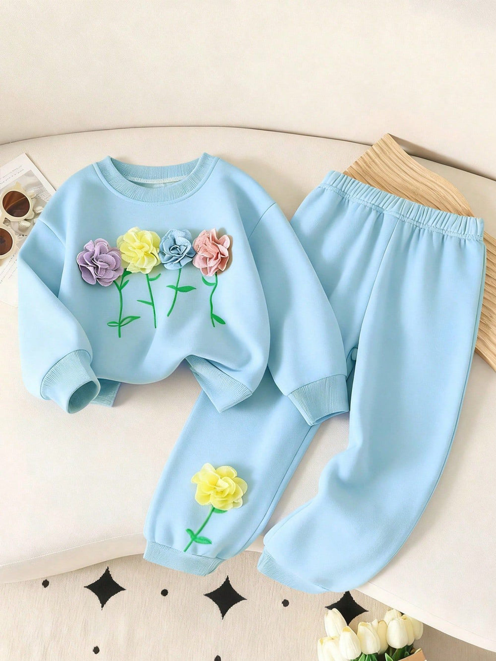 hot selling autumn new arrival 3d floral round neck set - long pants & sweatshirt two-piece outfit
