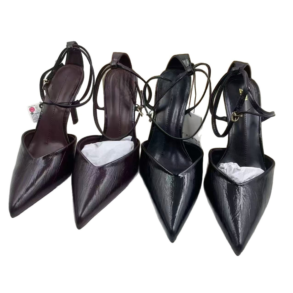 Za2025new arrivalfashion pointed toe high heelseleganteasiest for match leather belt buckle stiletto flats women