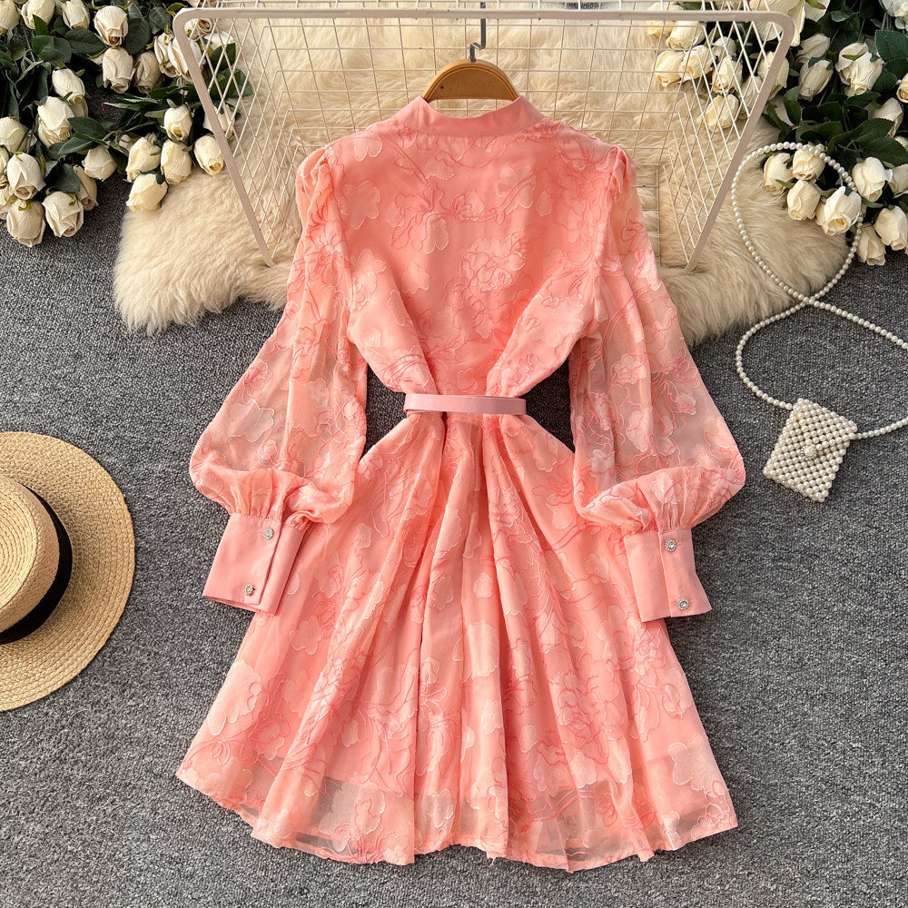 French style court lantern sleeve embroidered dress - women's spring/summer cinched waist cutout single-breasted a-line dress - elegant