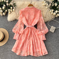 French style court lantern sleeve embroidered dress - women's spring/summer cinched waist cutout single-breasted a-line dress - elegant
