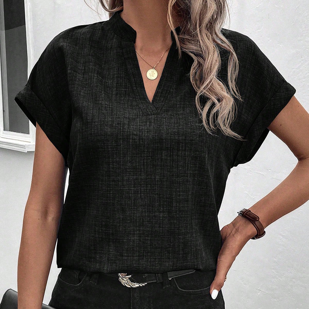 European and american cross-border women's fashion:  summer new arrivals - minimalist chic v-neck short-sleeve linen blouse/shirt for women