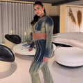 European and american cross-border women's fashion:  women's denim outfit - streetwear tie-dye long sleeve top and fringe denim jeans set