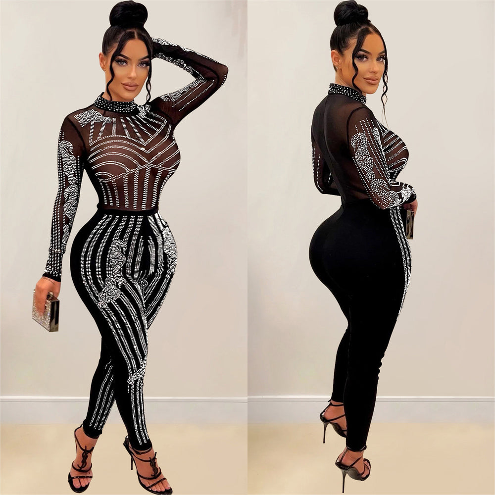 C6247 cross-border   fashion women's solid color mesh rhinestone long sleeve pants jumpsuit
