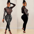 C6247 cross-border   fashion women's solid color mesh rhinestone long sleeve pants jumpsuit