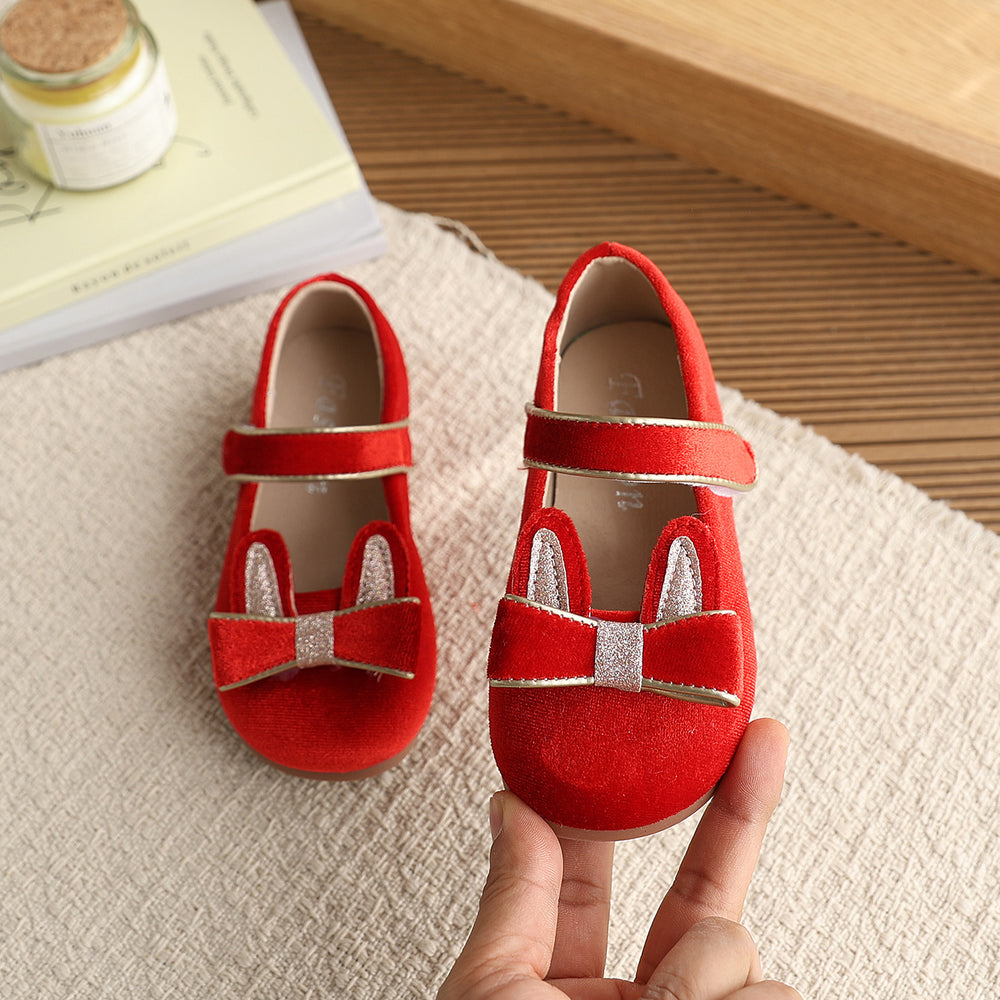 Vancahao girls' korean style velvet cartoon princess shoes,  spring new collection, single shoes, children's bowknot leather shoes