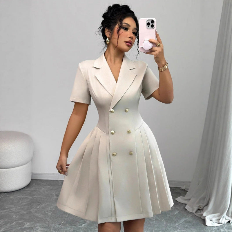 european and american/russian  autumn new arrival short-sleeve solid color cinched waist double-breasted dress