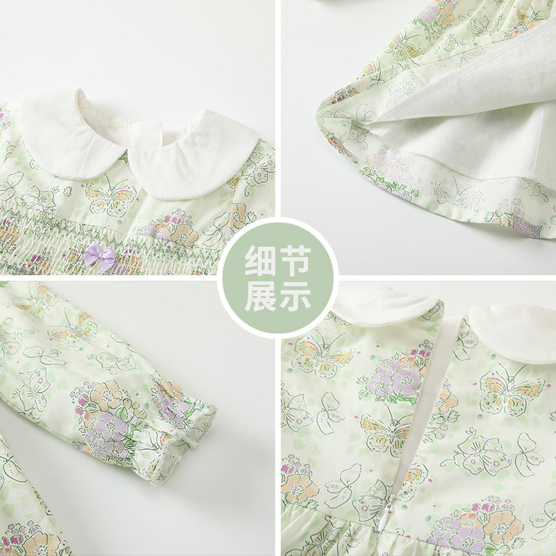 Girls' dress  spring/autumn new princess dress butterfly garden style girls' dress turn-down collar long sleeve ruched girls' dress