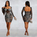 C6700 cross-border   fashion women's solid color mesh rhinestone long sleeve mini dress