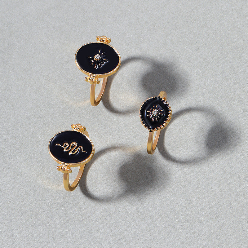 French retro minimalist jewelry round disc diamond starburst sun layered ring set snake electroplated women's rings
