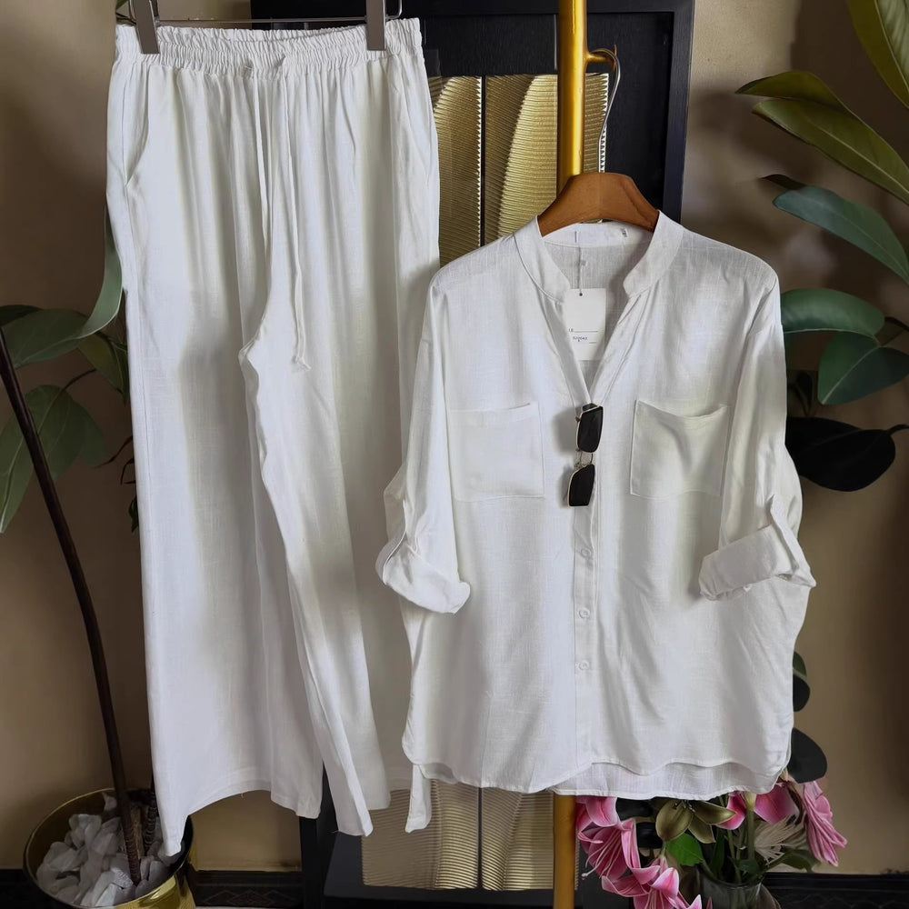 European and american cross-border women's clothing  summer new collection: casual, effortless style, loose-fit long sleeve shirt and wide-leg pants set