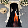 French hepburn style elegant knit patchwork gradient pleated slim-fit waist-defining maxi dress - new autumn collection for women