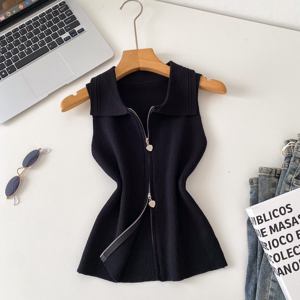 Korean style commute chic: women's summer slim-fit sleeveless knit vest with polo collar and zipper detail