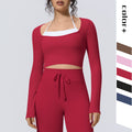 Naked-feel, form-fitting, quick-dry yoga top. faux two-piece design with built-in bra pads. long-sleeved athletic top for pilates, training, and fitness. women's
