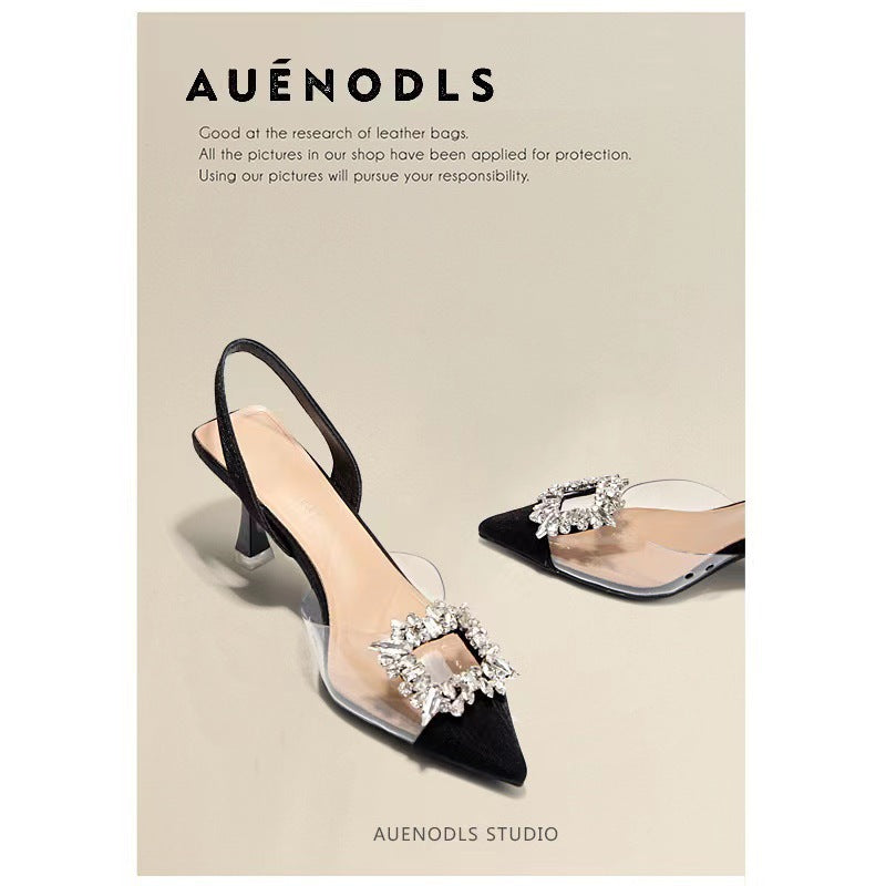 2024 summer new fashion rhinestone square buckle transparent strap studded pointed toe closed-toe stiletto heel sandals