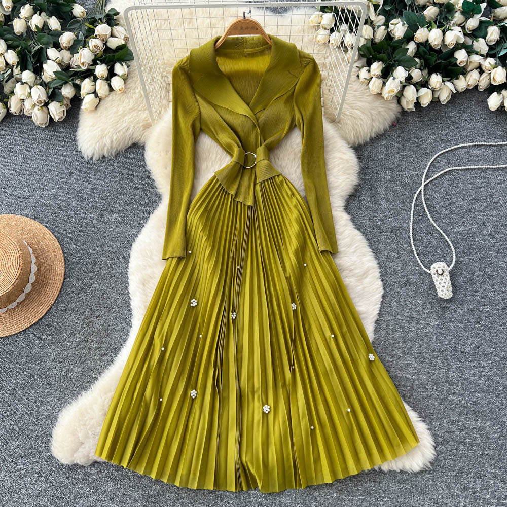 Commuting style lapel beaded long sleevesdress women's waist pleated skirtclassy socialite elegance gentle style long skirt