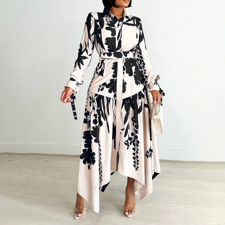 European and american export women's summer new fashionable elegant printed turn-down collar long sleeve irregular skirt printed european and american dress