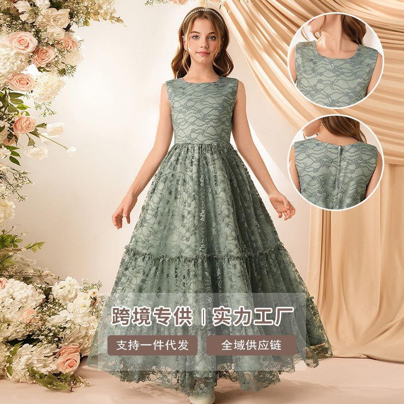 Custom girls' dresses - european & american style long gowns - lace elegant princess dresses - big & tall girls' round neck vest summer dresses - cross-border e-commerce