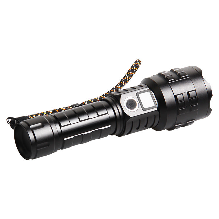 Cross-border new XHP-70 strong light Ttpe-c charging power display safety tail hammer retractable zoom flashlight