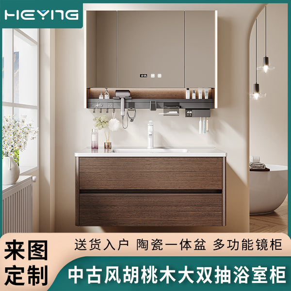 Walnut bathroom cabinet Solid wood medieval style wash basin cabinet combination Ceramic integrated wash basin Toilet washbasin