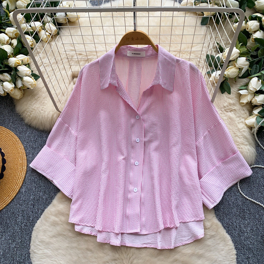 Korean style fashionable young lady shirt -  new arrival - versatile commute, casual, slimming long sleeve striped top for summer