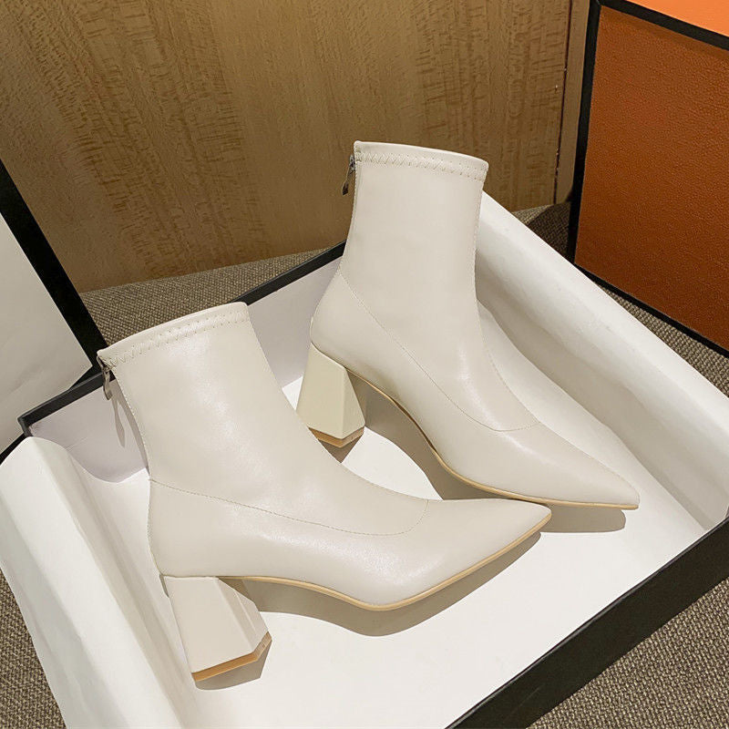 High-heeled short boots for women 2025fall and winternew arrivalk-style zipper pointed toe women's boots nude boots easiest for matchpopularmartin boots women's shoes