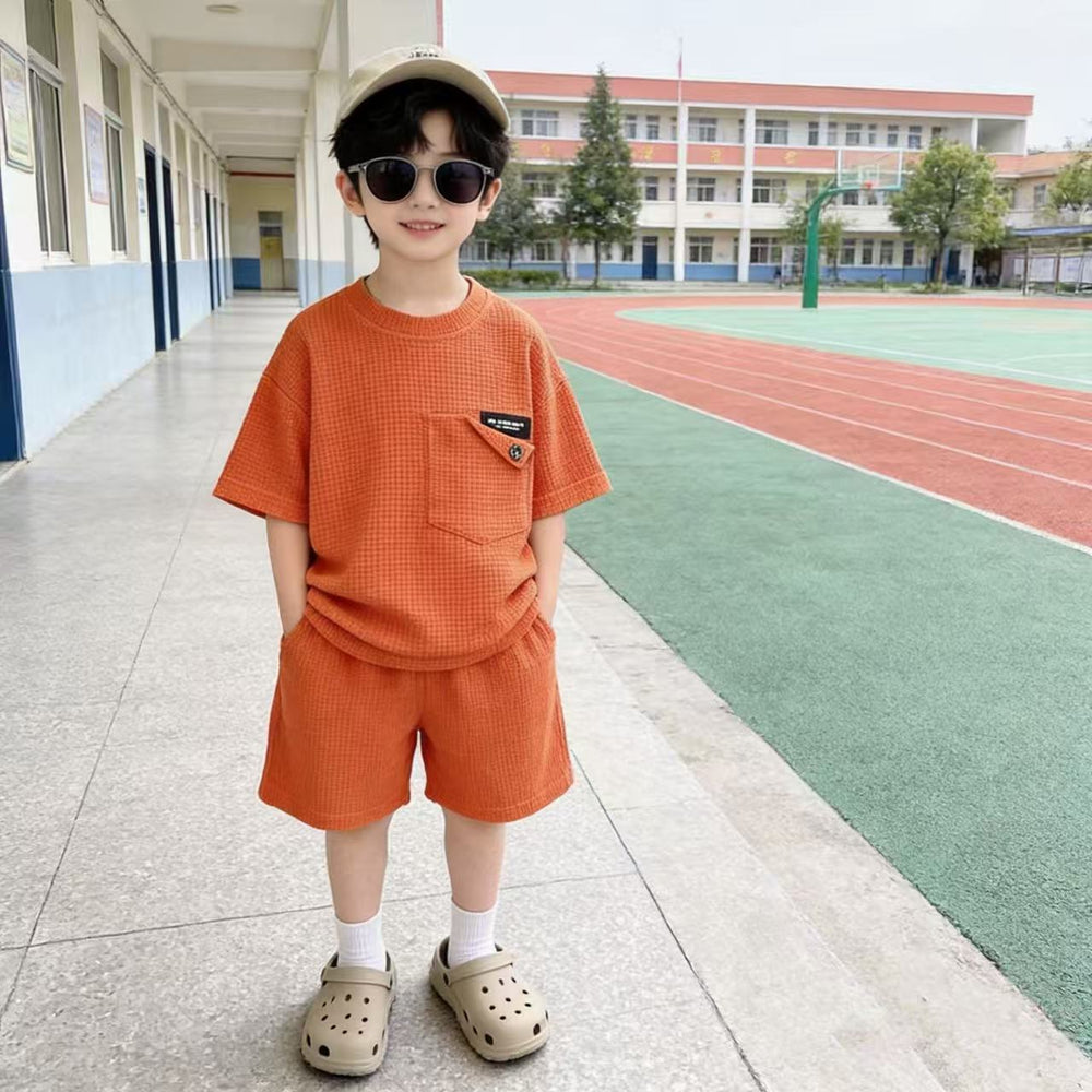 New boys' short-sleeve casual solid color shirt + matching shorts two-piece set - korean style fashion outfit - wholesale from manufacturer