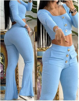 european and american autumn/summer chic u-neck button-down top with cropped sleeves and high-waisted flare pants set featuring a waist-cropped design and pocket details